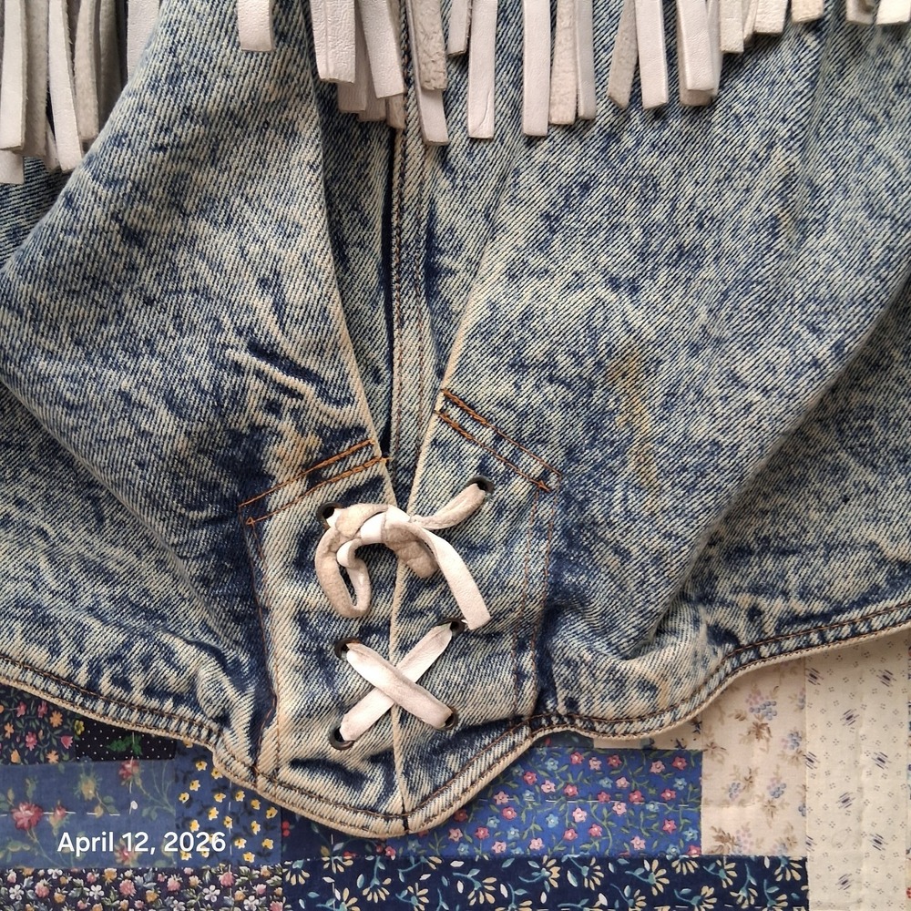 Vintage HAVOC Western Fringe Acid Wash Denim Jacket Womens Size Large 80s BOHO - Picture 6 of 11